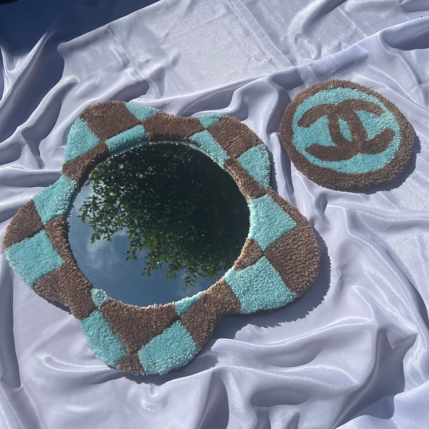 Blue and Brown Mirror/Coaster Set